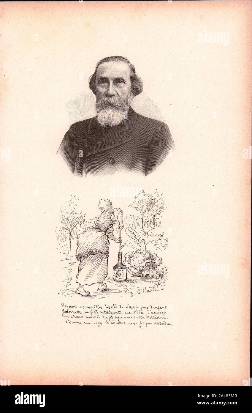 Feuille avec Portrait de Ferdinand Gilbault et sa Tiefdruck pour le vin Mariani. Stockfoto