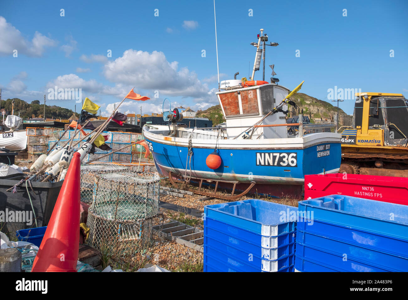 Hastings Altstadt Stade, Angeln Boot Strand, East Sussex, Großbritannien Stockfoto