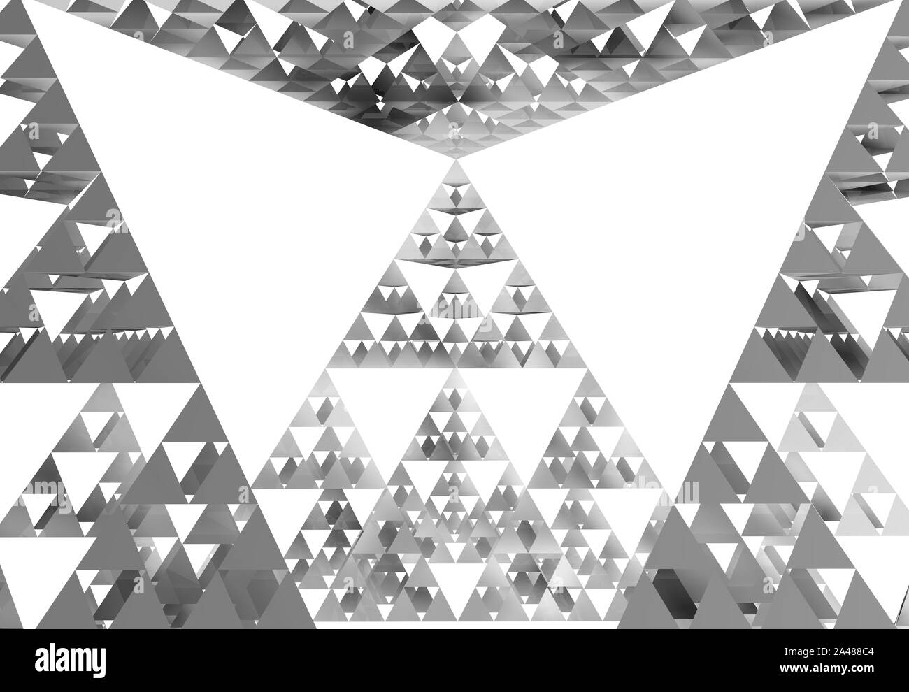 Grau Sierpinski-dreieck close-up auf weißem Hintergrund. Es ist eine Fraktale mit der allgemeinen Form eines gleichseitigen Dreiecks, rekursiv unterteilt in Stockfoto