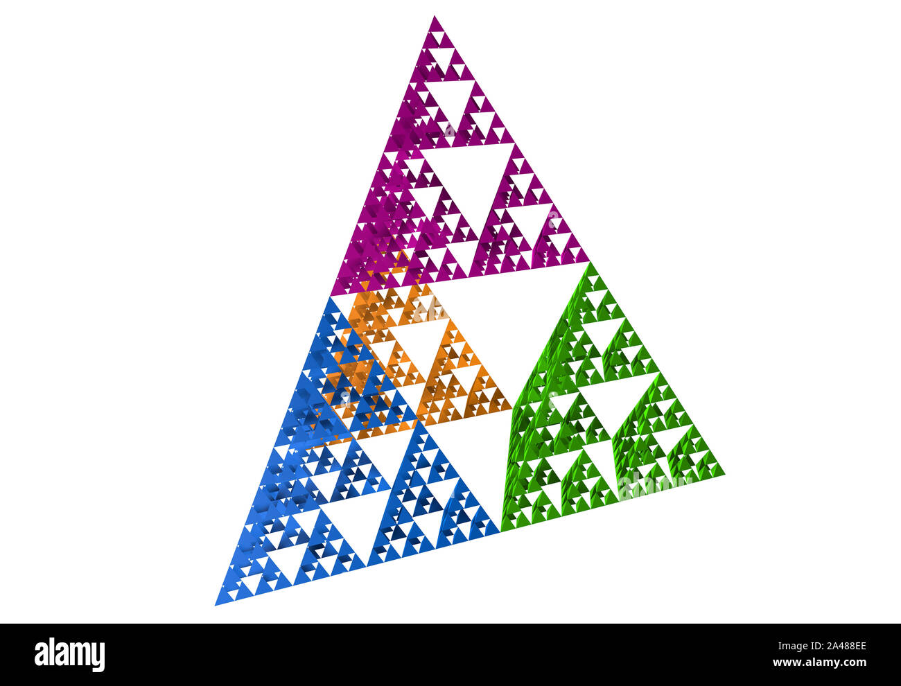 Blau, Grün, Gelb und Lila Sierpinski-dreieck auf weißem Hintergrund. Es ist eine Fraktale mit der allgemeinen Form eines gleichseitigen Dreiecks, unterteilt. Stockfoto