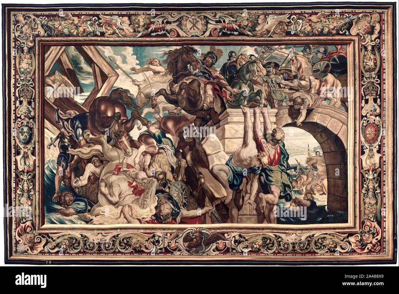 Figürliche Komposition 1622, entworfen von Peter Paul Rubens - Wandteppich mit dem Sieg Konstantins über Maxentius in der Schlacht an der Milvischen Brücke Stockfoto