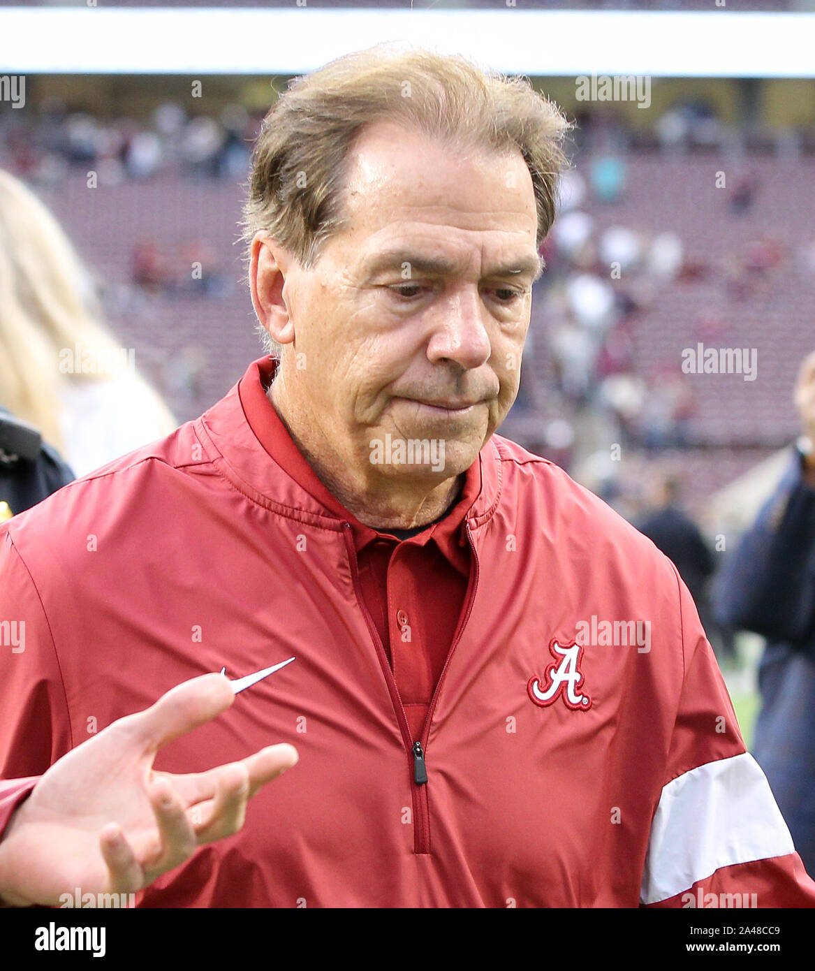 College Station, Texas, USA. 12 Okt, 2019. Alabama Crimson Tide Head Coach Nick Saban nach Alabama besiegt Texas A&M 47-28 am Kyle Feld in College Station, Texas, am Okt. 12, 2019. Credit: Scott Coleman/ZUMA Draht/Alamy leben Nachrichten Stockfoto