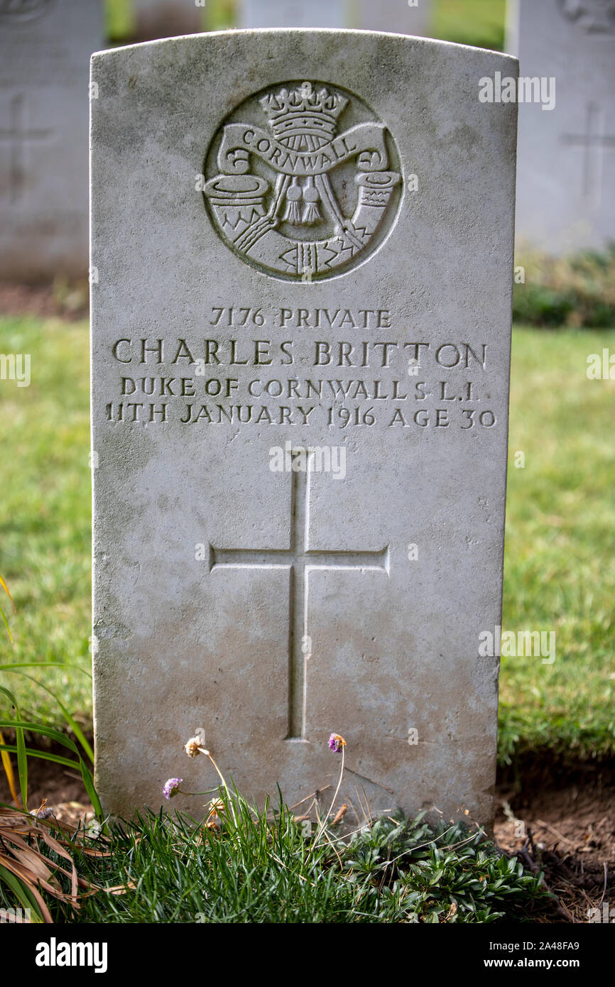 Commonwealth Kriegsgräber Kommission Grab von Charles Britton der 3 Mrd. Euro, Duke of Cornwalls Light Infantry, Greenbank Friedhof, Bristol Stockfoto