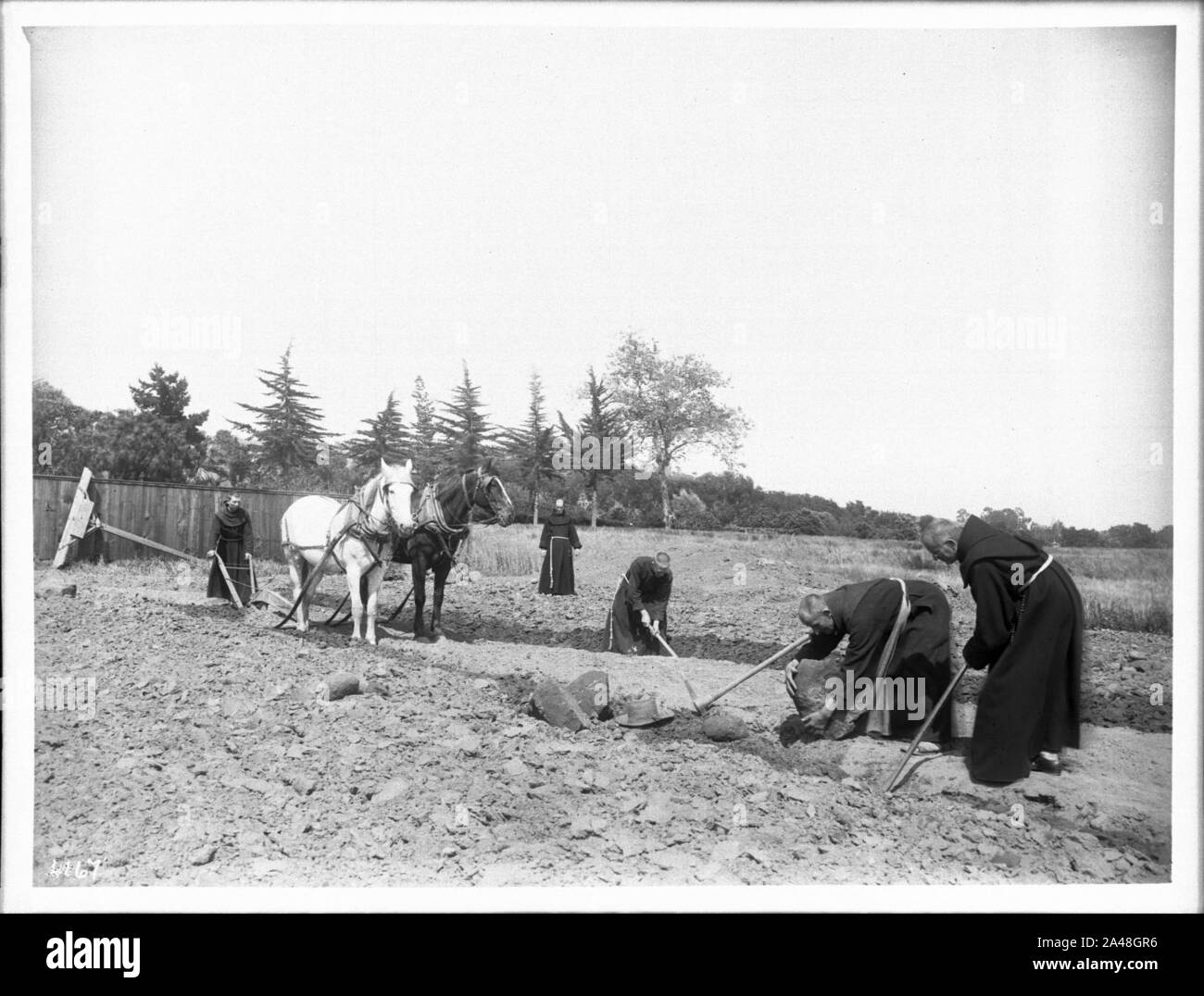 Fünf Mönche Landwirtschaft steinigem Gelände an der Mission Santa Barbara, ca.1901 Stockfoto