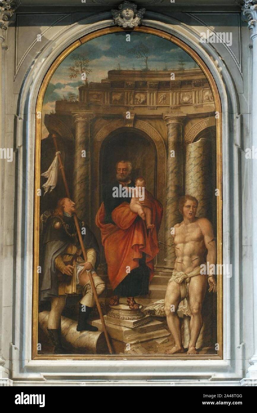 Florigerio S. (1537), S. Giuseppe col Bambino e i Santi Rocco e Sebastiano-Cappella San Giuseppe - Dom Cividale. Stockfoto