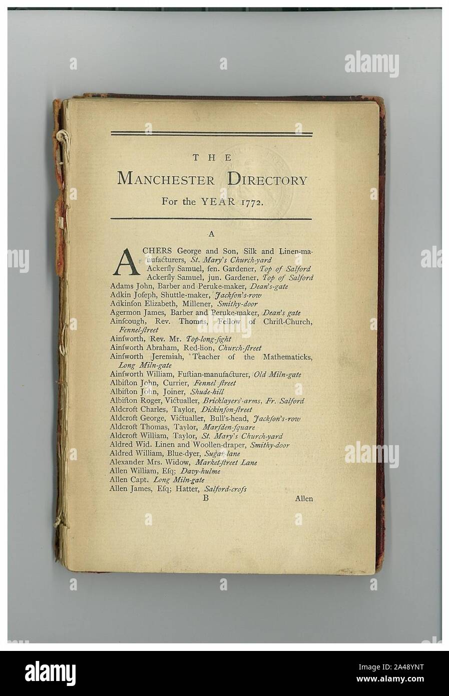 Erste Seite der Manchester Street Directory, 1772. Stockfoto