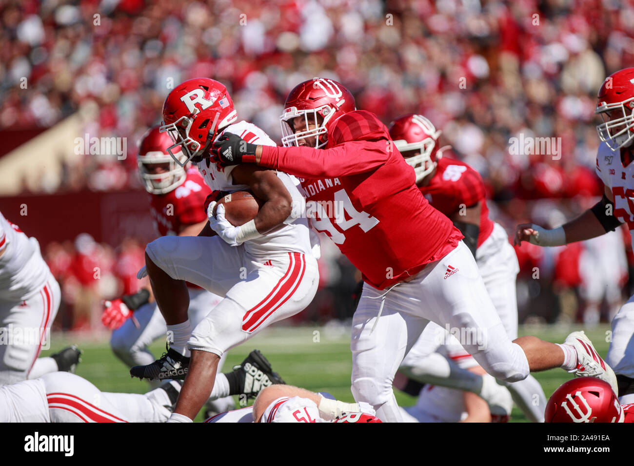 Bloomington, USA. 12 Okt, 2019. Rutgers' Isaih Pacheco (1) wird von der Indiana Universität Demarcus Elliott (4) während der NCAA Football Spiel bei Memorial Stadium in Bloomington in Angriff genommen. Die Indiana Hoosiers schlagen die Rutgers Scarlet Könige 35-0. Credit: SOPA Images Limited/Alamy leben Nachrichten Stockfoto