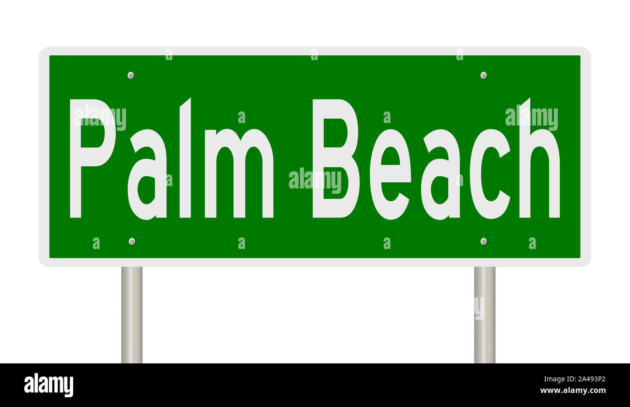 Rendering von einem grünen 3d Autobahn Zeichen für Palm Beach Stockfoto