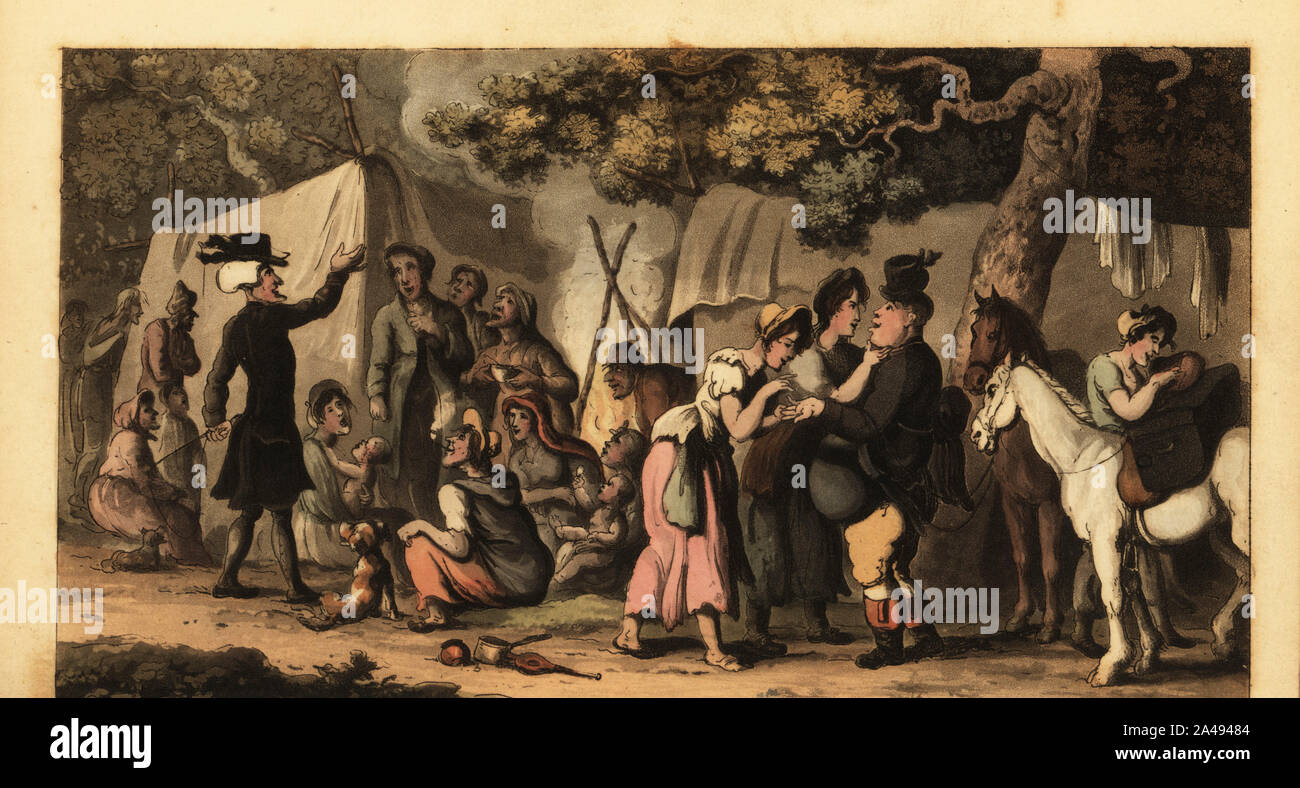 Regency parson auf ein Roma-lager. Zwei Frauen lesen Palm ist ein Mann, während andere von seinem Gepäck stiehlt. Eine Gruppe von Romani Reisende sitzen um ein Feuer außerhalb der Zelte in einem Wald. Dr. Syntax und die Zigeuner. Papierkörbe Kupferstich erstellt und von Thomas Rowlandson von William Combe der Tour der Doctor Syntax auf der Suche nach Trost, Rudolph Ackermann, London, 1820 eingraviert. Stockfoto