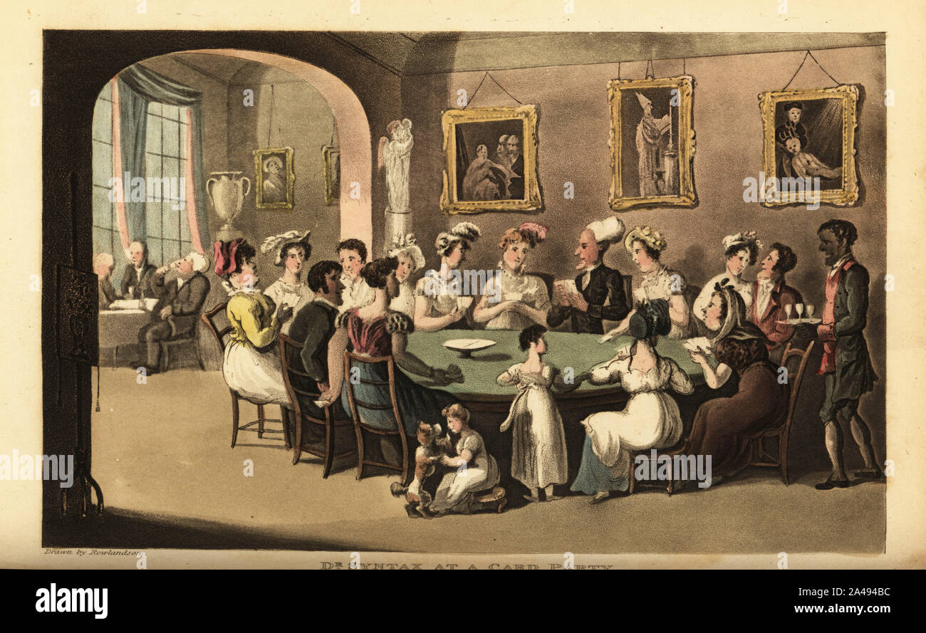 Regency Herren und Damen ein Spiel der Päpstin auf stattliche Lady's MacNight home. Ein schwarzer Diener bringt ein Tablett mit Getränken. Dr. Syntax auf einer Karte. Papierkörbe Kupferstich erstellt und von Thomas Rowlandson von William Combe der Tour der Doctor Syntax auf der Suche nach einer Frau, Rudolph Ackermann, London, 1821 eingraviert. Stockfoto