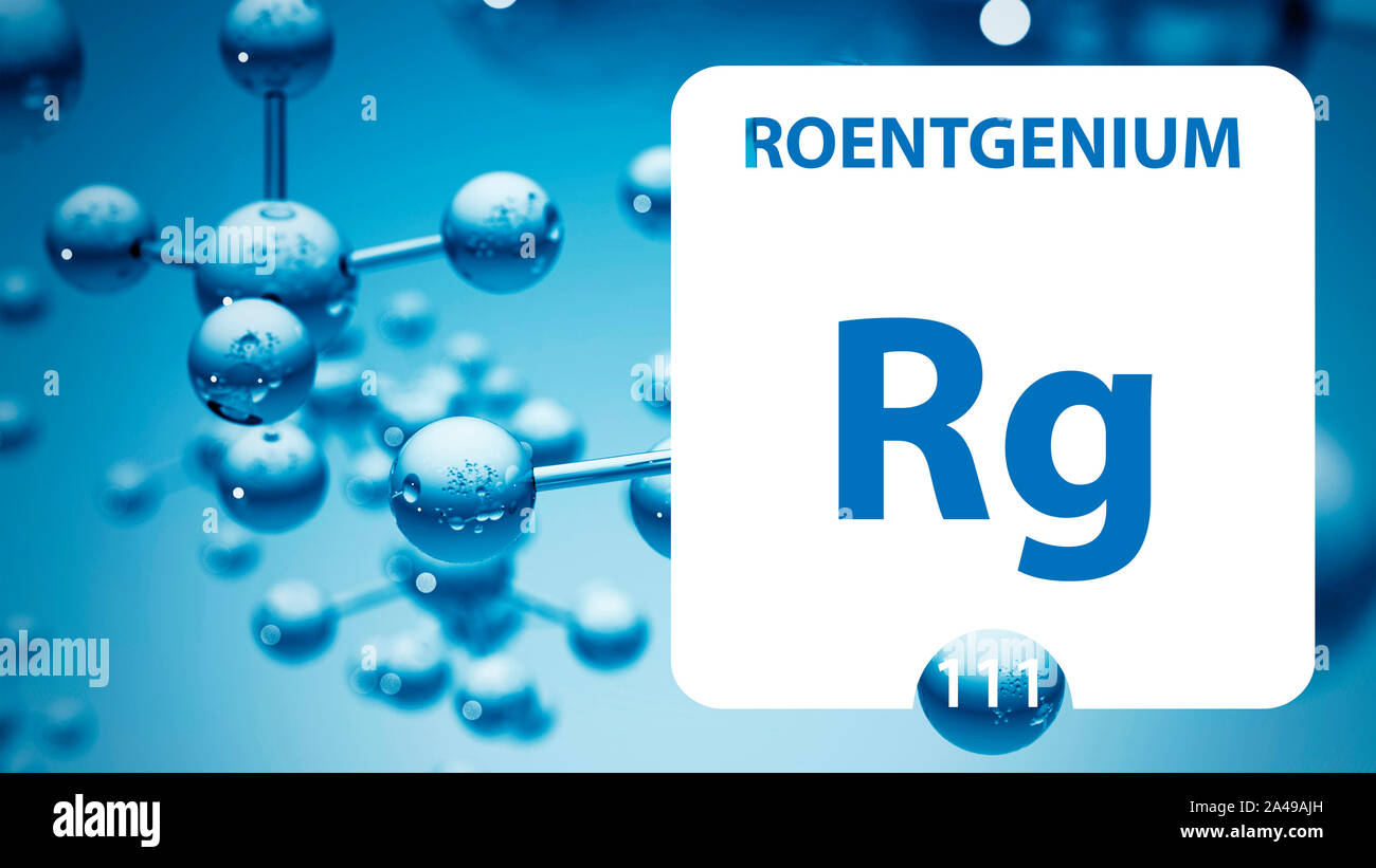 Roentgenium Rg, chemisches Element, Zeichen. 3D-Rendering auf weißem Hintergrund. Roentgenium chemische 111 Element für wissenschaftliche Experimente in Classroo Stockfoto