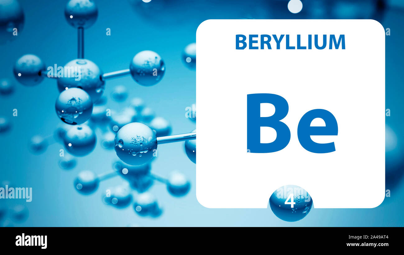 Beryllium 4 Element. Erdalkalimetalle. Chemisches Element von Mendelejew Periodensystem. Beryllium in quadratischen Kubus kreatives Konzept. Chemische, laborat Stockfoto