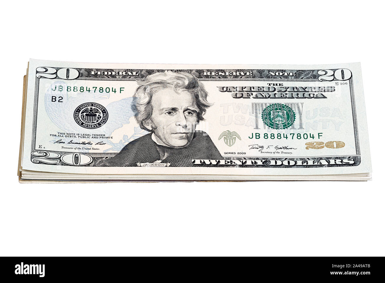 Stapel von 20-Dollarscheine isoliert auf weißem hautnah. Stockfoto