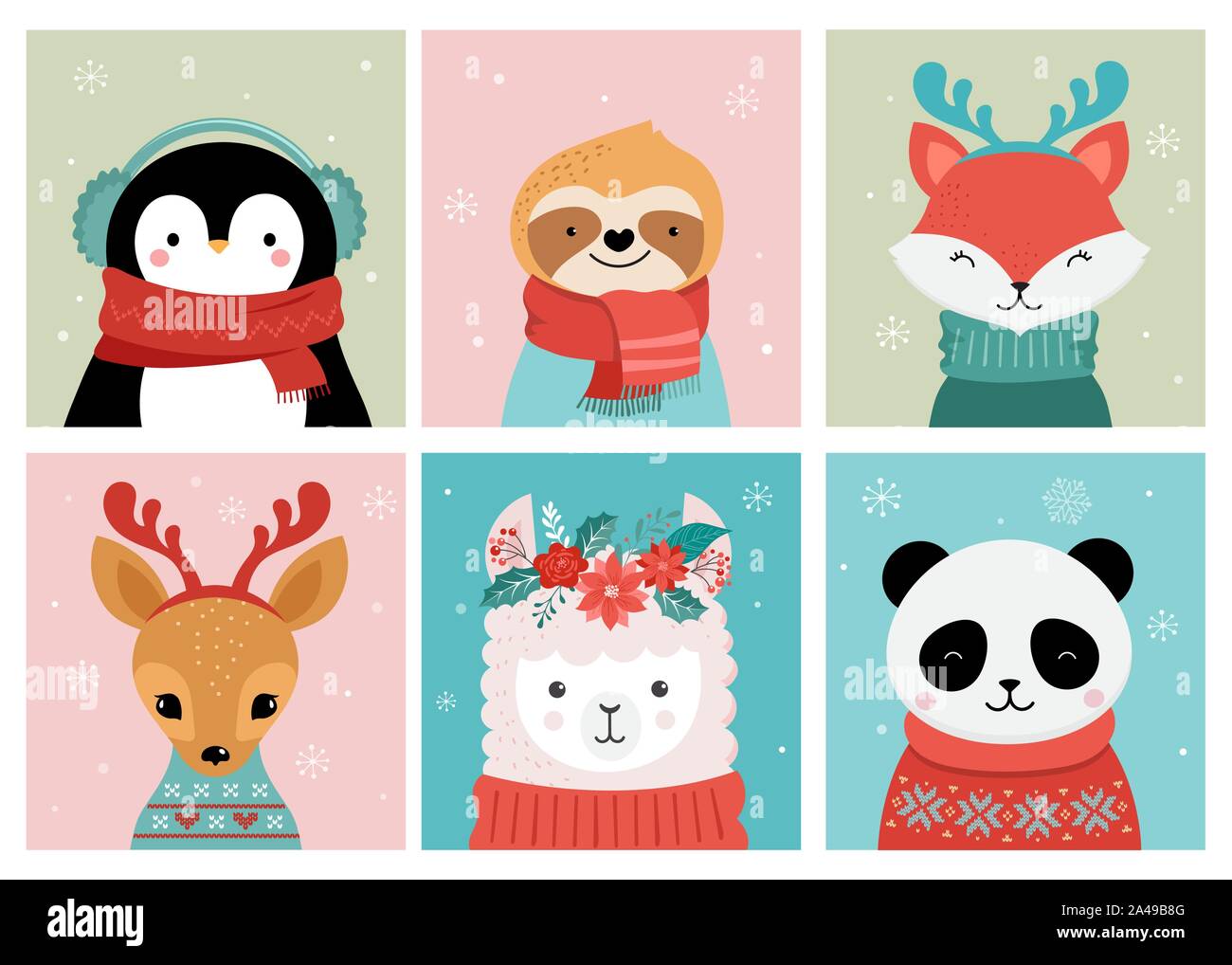 Sammlung von Weihnachten süße Tiere, Frohe Weihnachten Illustrationen von Panda, Fuchs, Lama, Faultier, Katze und Hund mit Winter Zubehör Stock Vektor