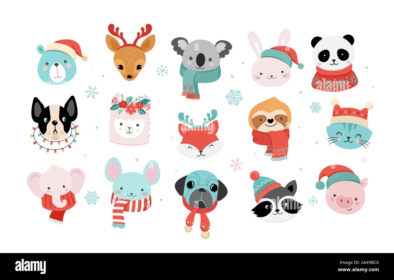 Sammlung von Weihnachten süße Tiere, Frohe Weihnachten Illustrationen von Panda, Fuchs, Lama, Faultier, Katze und Hund mit Winter Zubehör Stock Vektor