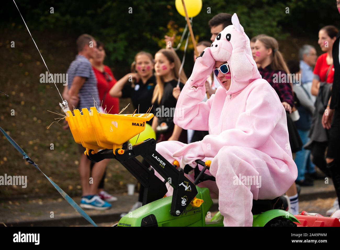 Deutschland, Niederstetten, Baden Württemberg. September 2019. Traditionelle herbstliche Ernte Fest. Junger Mann in pig Kostüm reiten kleiner Traktor. Stockfoto
