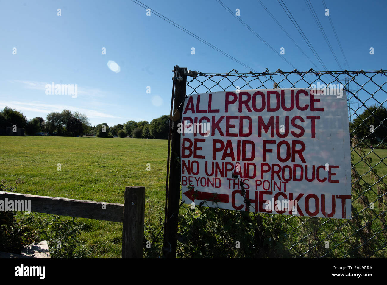Kent, Großbritannien - 15 September, 2019: eine rot-weiße Schilder liest" Alle Erzeugnisse müssen Bezahlt" und "Keine unbezahlten Über diesen Punkt hinaus" zu produzieren. Stockfoto
