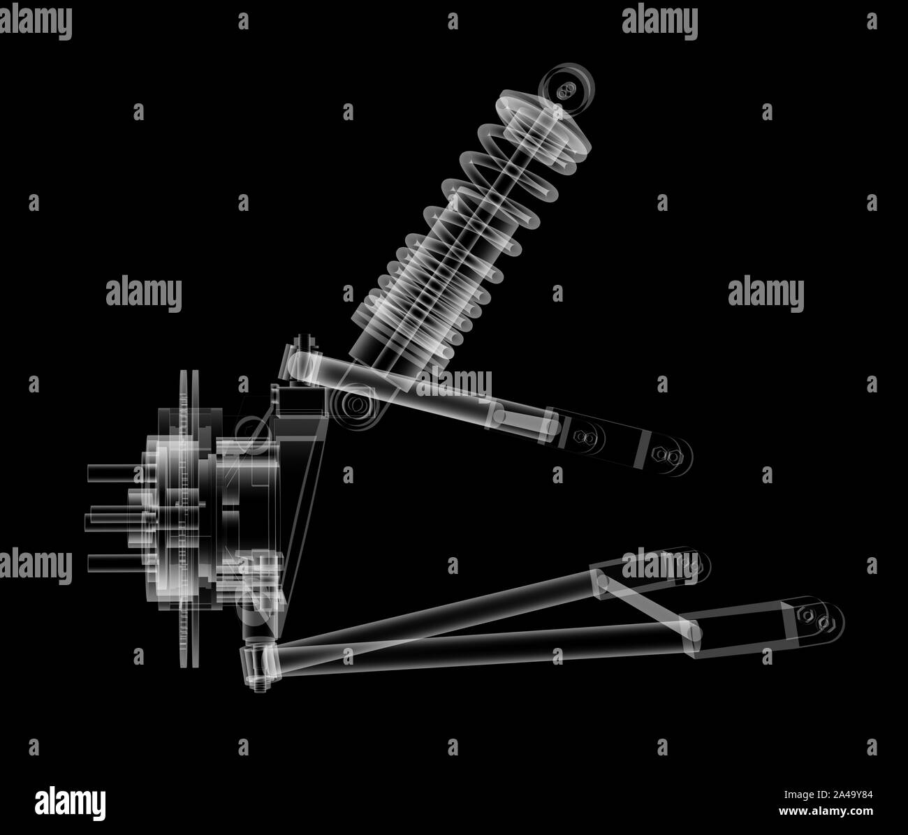 X-ray Auto Suspension und Bremsscheibe auf schwarzen Hintergrund, 3D-Darstellung Stockfoto