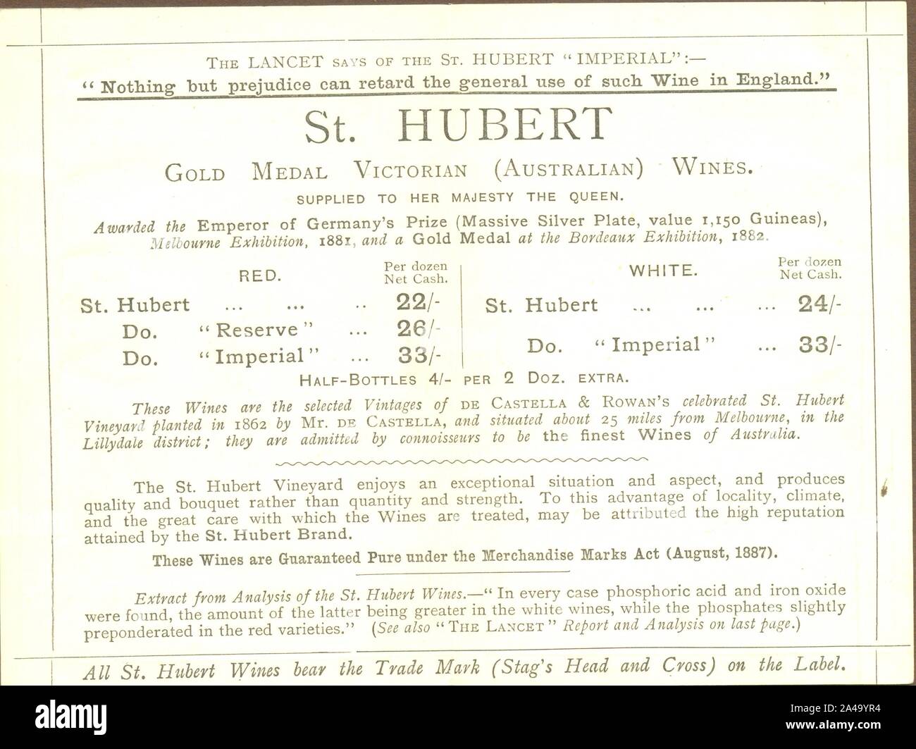 Wein Liste für die ST-Hubert de Castella & Rowan, St Hubert Weinberg, in der Nähe von Melbourne, Victoria 1882 Stockfoto