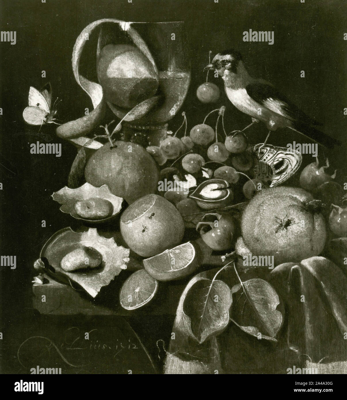 Stillleben mit Obst und Vogel, Gemälde von niederländischen Künstler Martinus Nellius Stockfoto