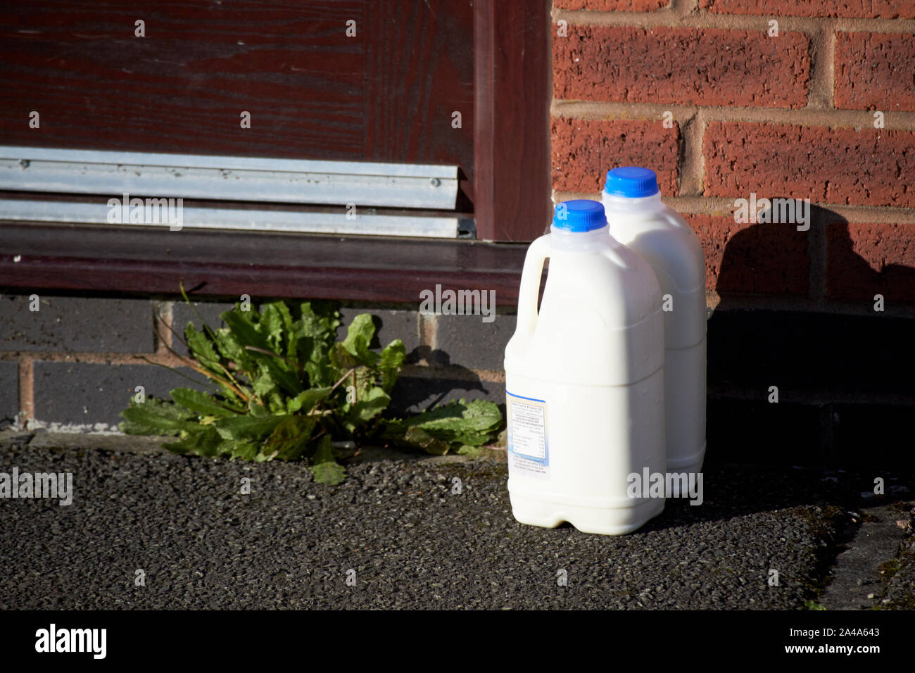 2 Kunststoffbehälter mit Milch außerhalb eines Hauses Haustür von lokalen Milch Lieferung England Großbritannien Stockfoto