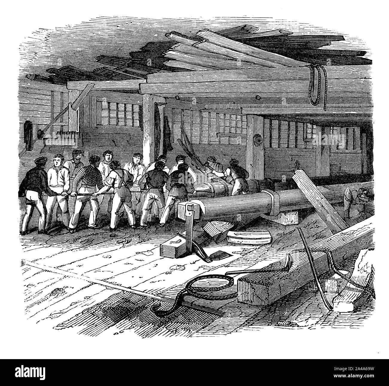 Naval Holzhandel, der an den anderen Teil eines Schiffes im Bau: Bau der Masten Stockfoto