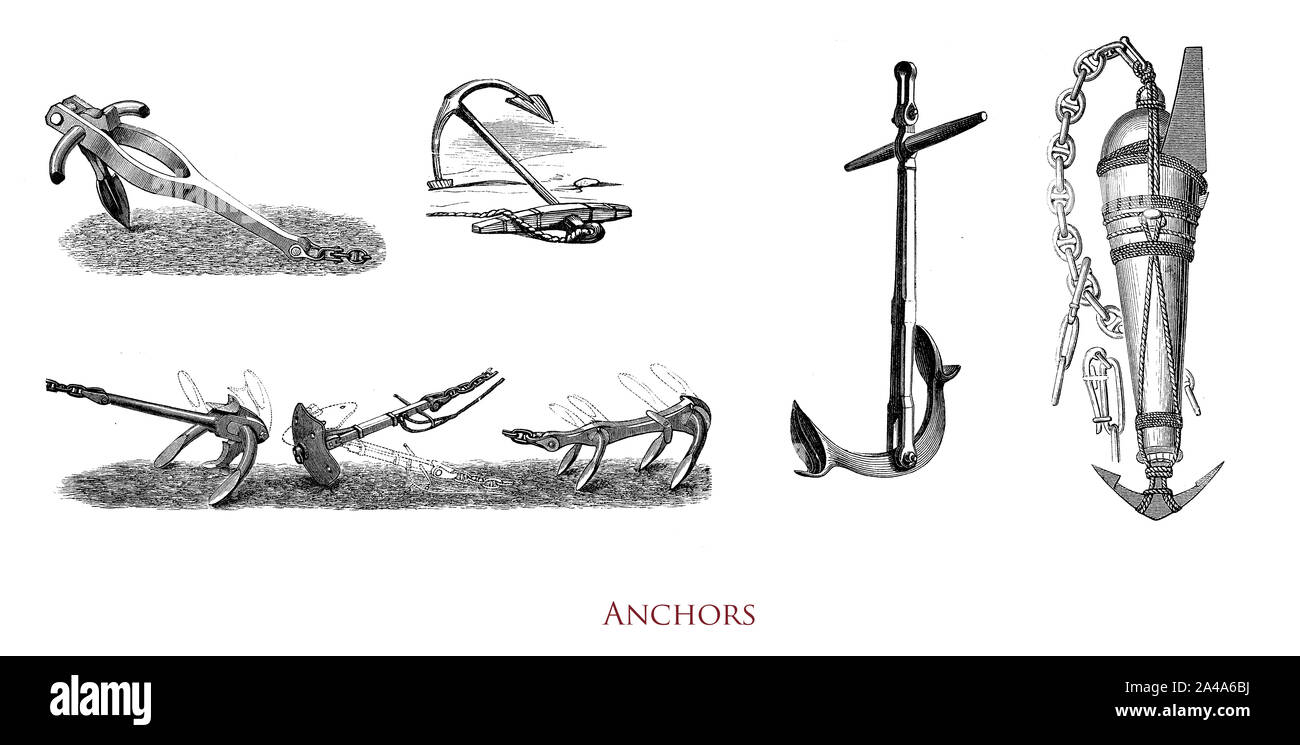 Andere Art von Anker: feste und bewegliche Eisen Bestand oder stockless Anschließen des Schiffes anspannen am Meeresboden zu driften verhindern Stockfoto
