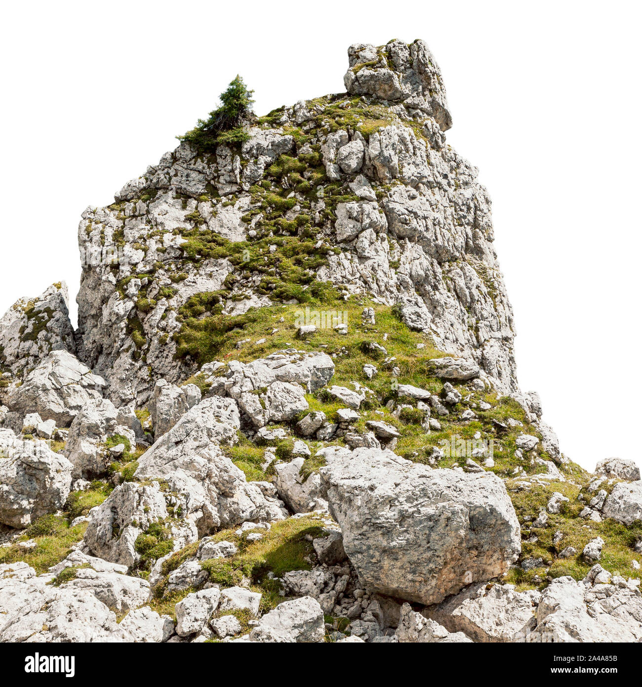 Moosige Klippe auf weißem Hintergrund, natürliche Steine und Felsen Ausschnitt Stockfoto