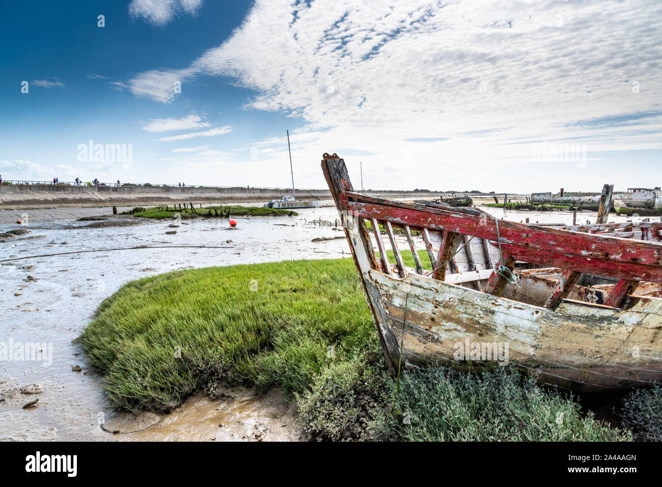 Die noirmoutier Boote Friedhof. Das Wrack eines alten Fischerbootes ist auf die Vegetation, die wächst am Rande des Watt Litze Stockfoto