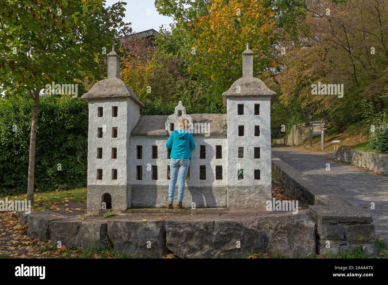 Modell der Burg am Eingang zu Castle Hill, Arnsberg, Sauerland, Nordrhein-Westfalen, Deutschland Stockfoto