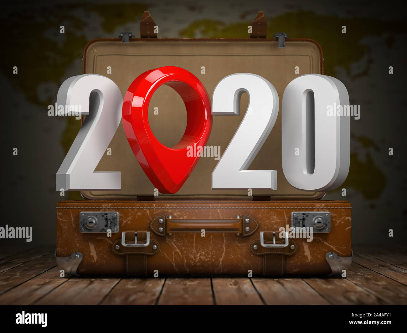 2020 Frohes neues Jahr. Vintage Koffer mit Nummer 2020 und Navigation. Reise und Tourismus Konzept. 3D-Darstellung Stockfoto