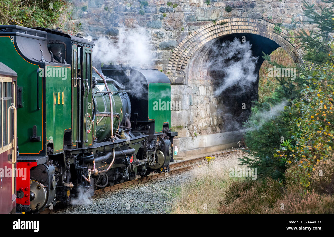 Ex South African Railways NGG 16 Klasse Garratt in grünen Lackierung, die auf den Ffestiniog und Welsh Highland Railway, North Wales, UK Stockfoto