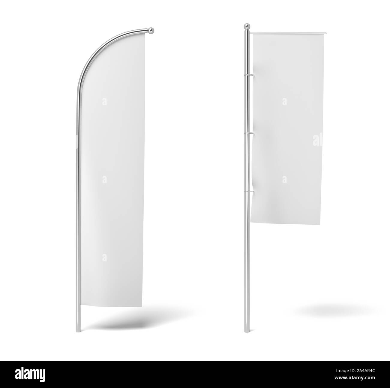 3D-Rendering von zwei einfarbige weiße Fahnen hängen auf Beiträge auf einem weißen Hintergrund. Weiße Flagge. Symbole und Zeichen. Werbung. Stockfoto