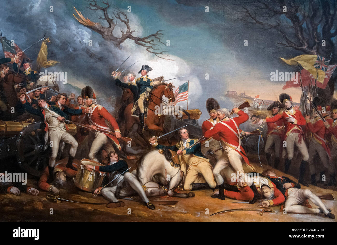 Der Tod von General Mercer in der Schlacht von Princeton, 3. Januar 1777 von John Trumbull, Öl auf Leinwand, C.1789-C.1831. In der Mitte des Gemäldes Brigadier General Hugh Mercer, aus seinem Männer schneiden, erwartet den tödlichen Schlag von einem britischen Bajonett. General George Washington, im Hintergrund, Gebühren auf dem Schlachtfeld die Truppen zu sammeln. Stockfoto