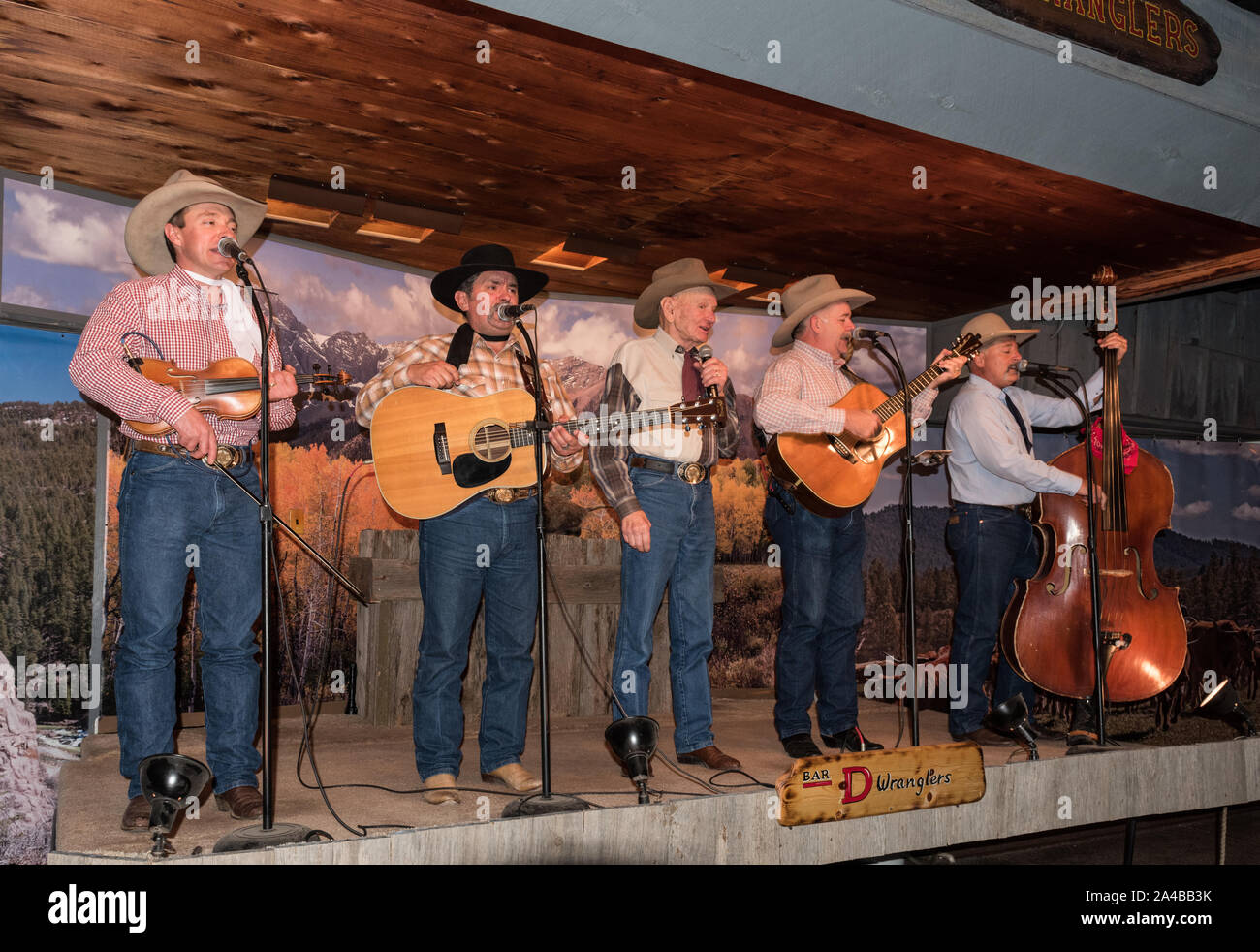 Die Bar D Wranglers, ein comedic Western - Musik Quartett, führt an der Bar D Chuckwagon Bühnenshow nach einem Barbecue Abendessen in Durango, Colorado Stockfoto