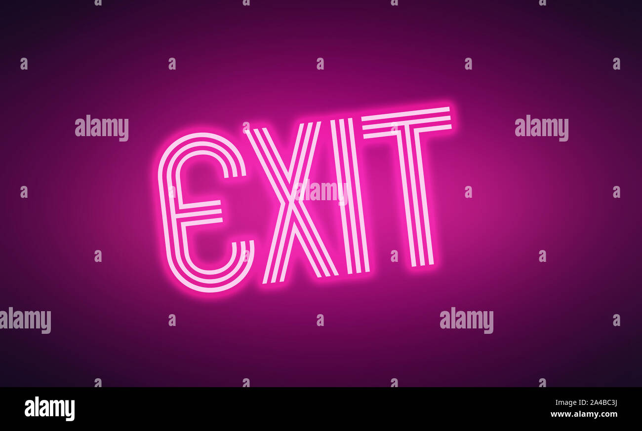 Leuchtende neon rosa Buchstaben Ausfahrt auf dunklem lila Hintergrund Stockfoto