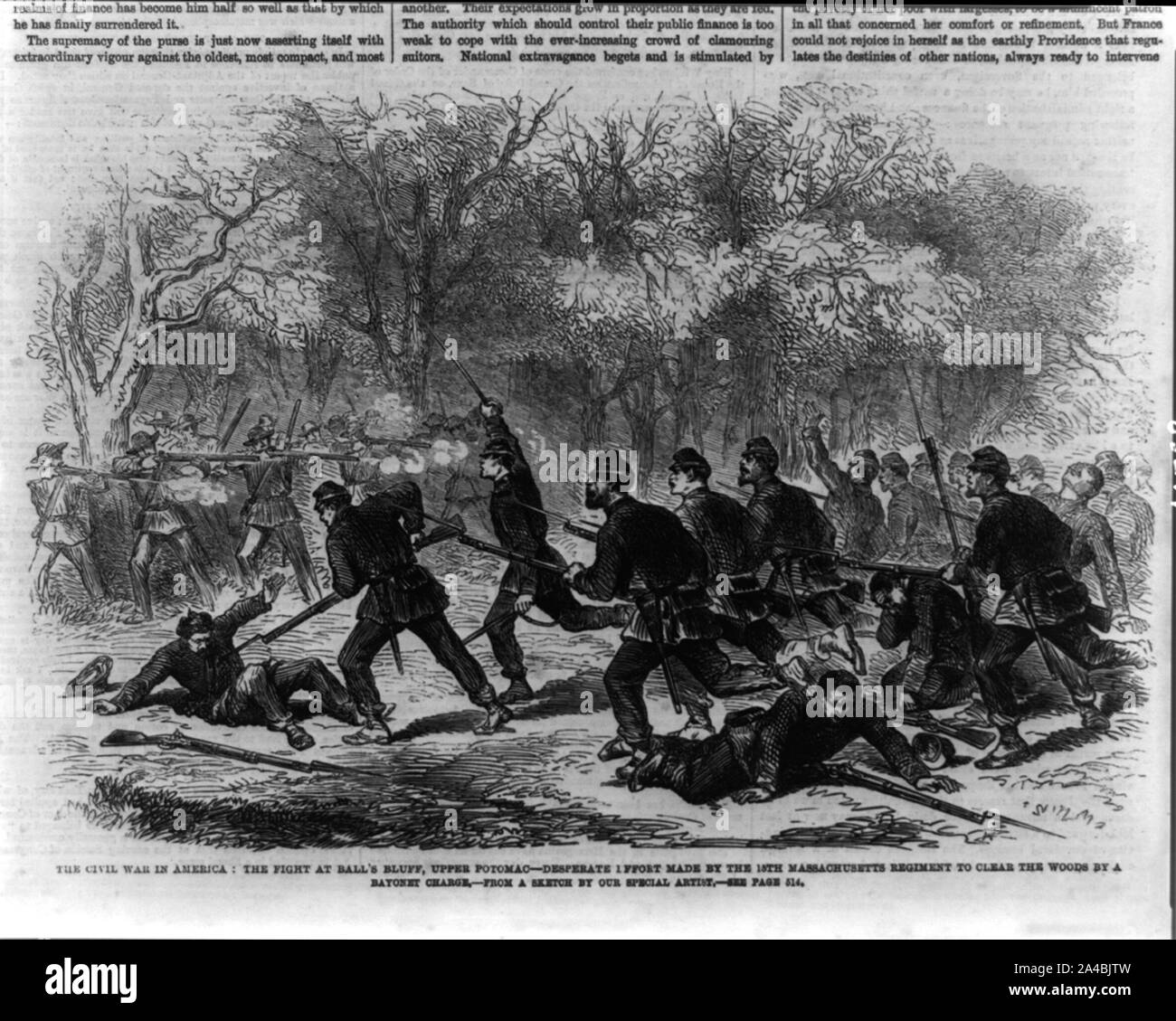 Der Bürgerkrieg in Amerika: Der Kampf bei Ball's Bluff, obere Potomac - verzweifelten Anstrengungen der 15 Massachusetts Regiment machte das Holz durch ein Bajonett kostenlos zu löschen Stockfoto