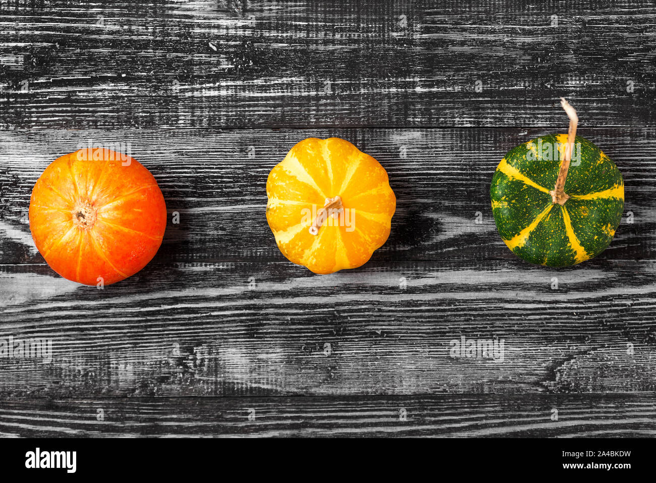 Herbst minimalistische Komposition mit Orange, Gelb und Grün Kürbisse auf dunklem Hintergrund. top anzeigen. Flach Stockfoto