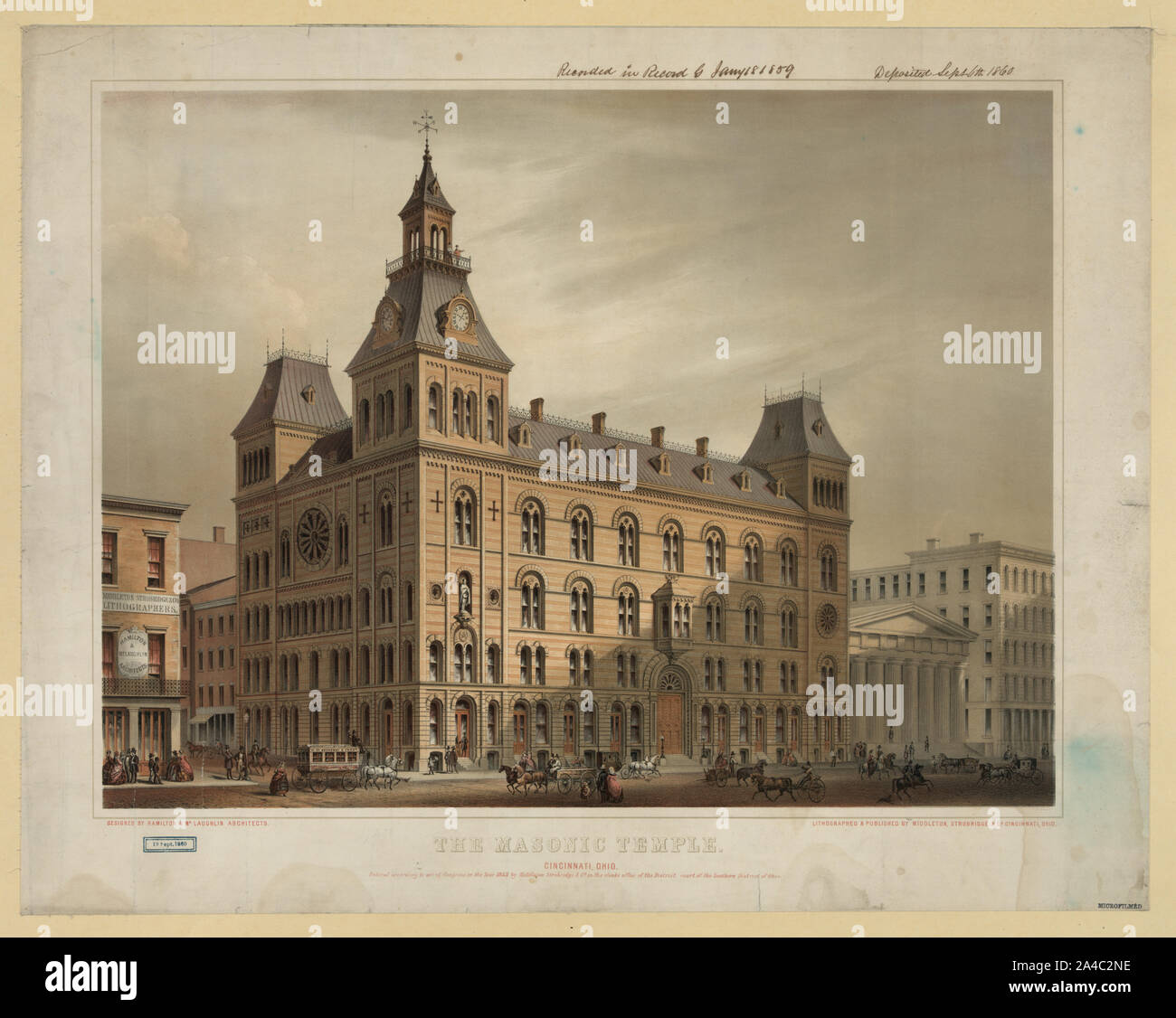 Die Masonic Temple, Cincinnati, Ohio/lithographierte & von Middleton, Strobridge & Co., Cincinnati, Ohio veröffentlicht. Stockfoto