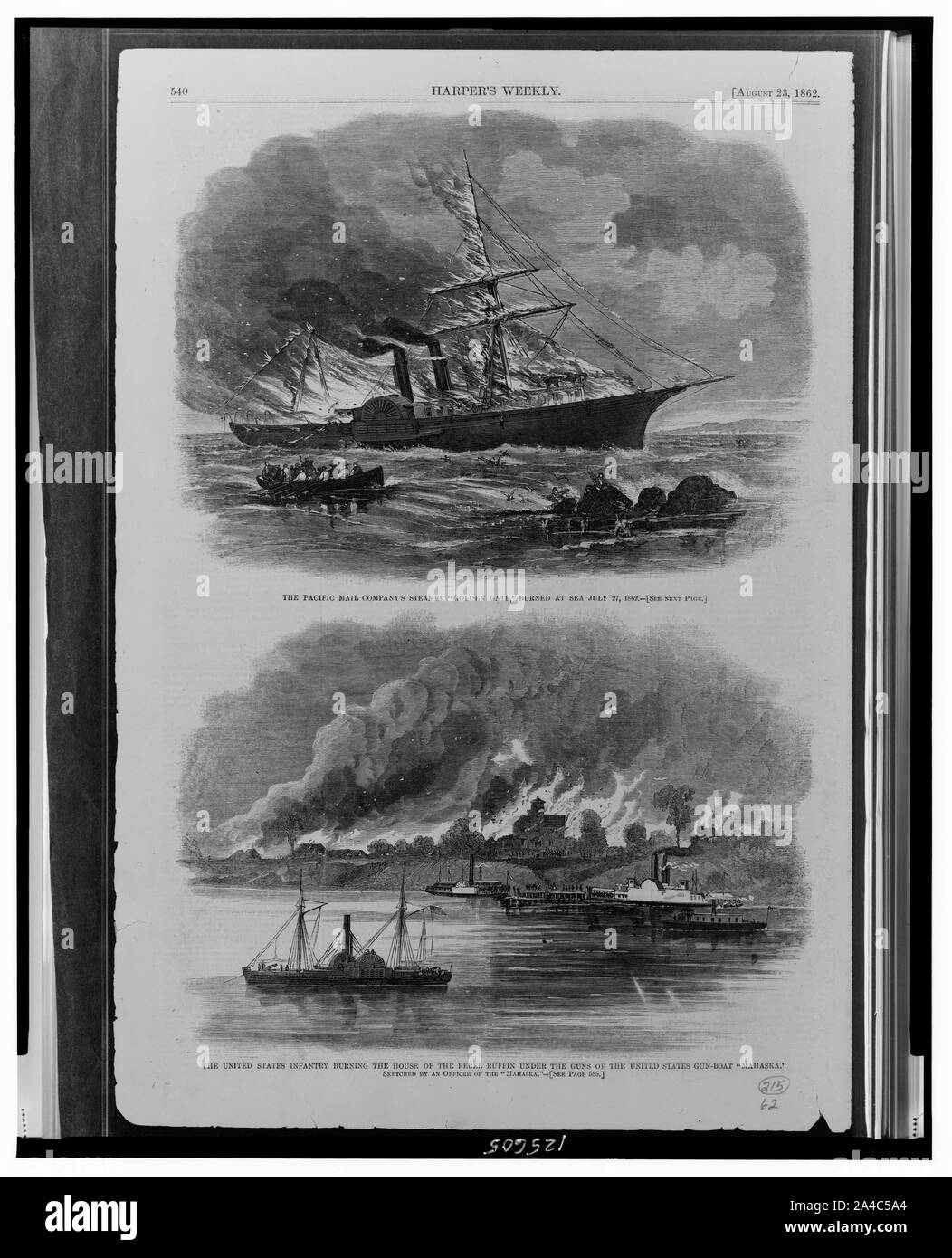 Die Pacific Mail Unternehmen Dampfgarer Golden Gate, gebrannt auf See Juli 27, 1862 Die Vereinigten Staaten Infanterie brennen das Haus der Rebel Ruffin unter die Waffen von den Vereinigten Staaten gun-boot Mahaska // skizziert, die von einem Offizier der Mahaska. Stockfoto