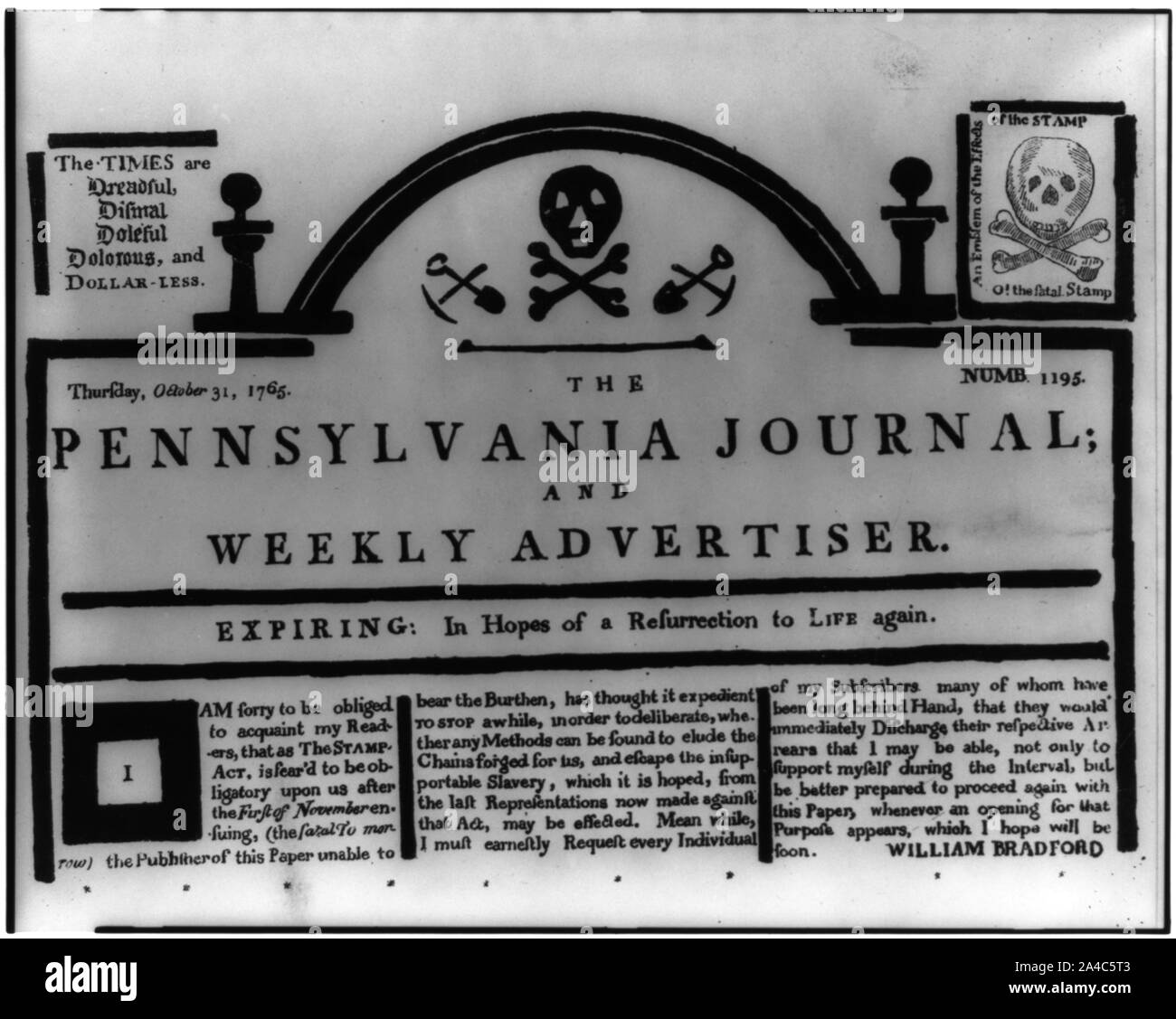 Die Pennsylvania Journal und wöchentliche Inserent-ablaufende: in der Hoffnung auf eine Auferstehung zu neuem Leben/William Bradford. Stockfoto