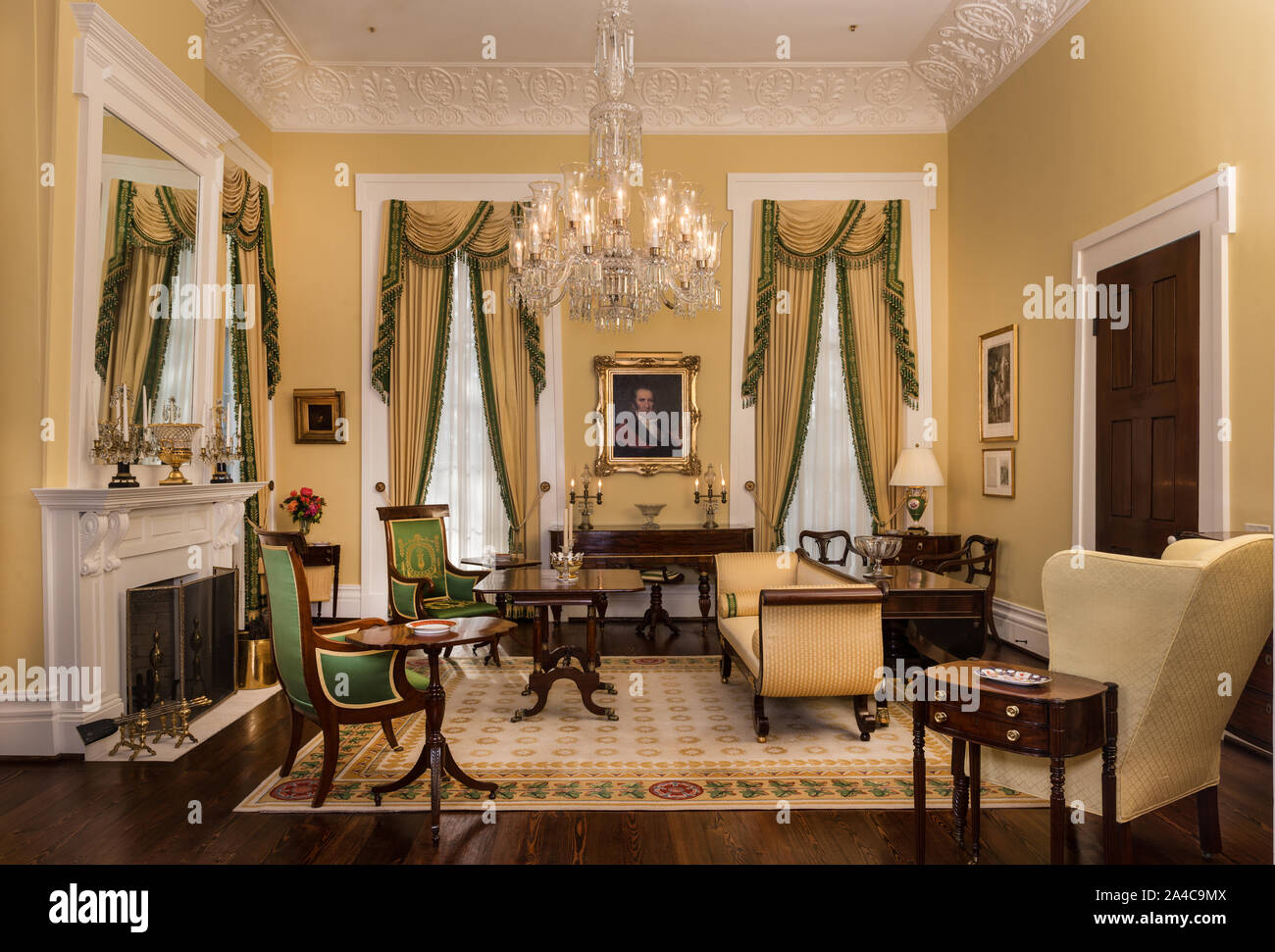 Die kleine Stube in der nordöstlichen Ecke der ersten Etage im Jahr 1856 Abschnitt des Texas Governor's Mansion in Austin, Texas Stockfoto