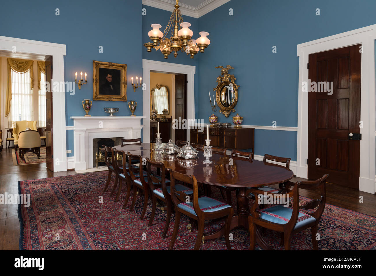Der Staat Esszimmer, mit Blick auf die Westwand des Texas Governor's Mansion in Austin, der Hauptstadt von Texas Stockfoto