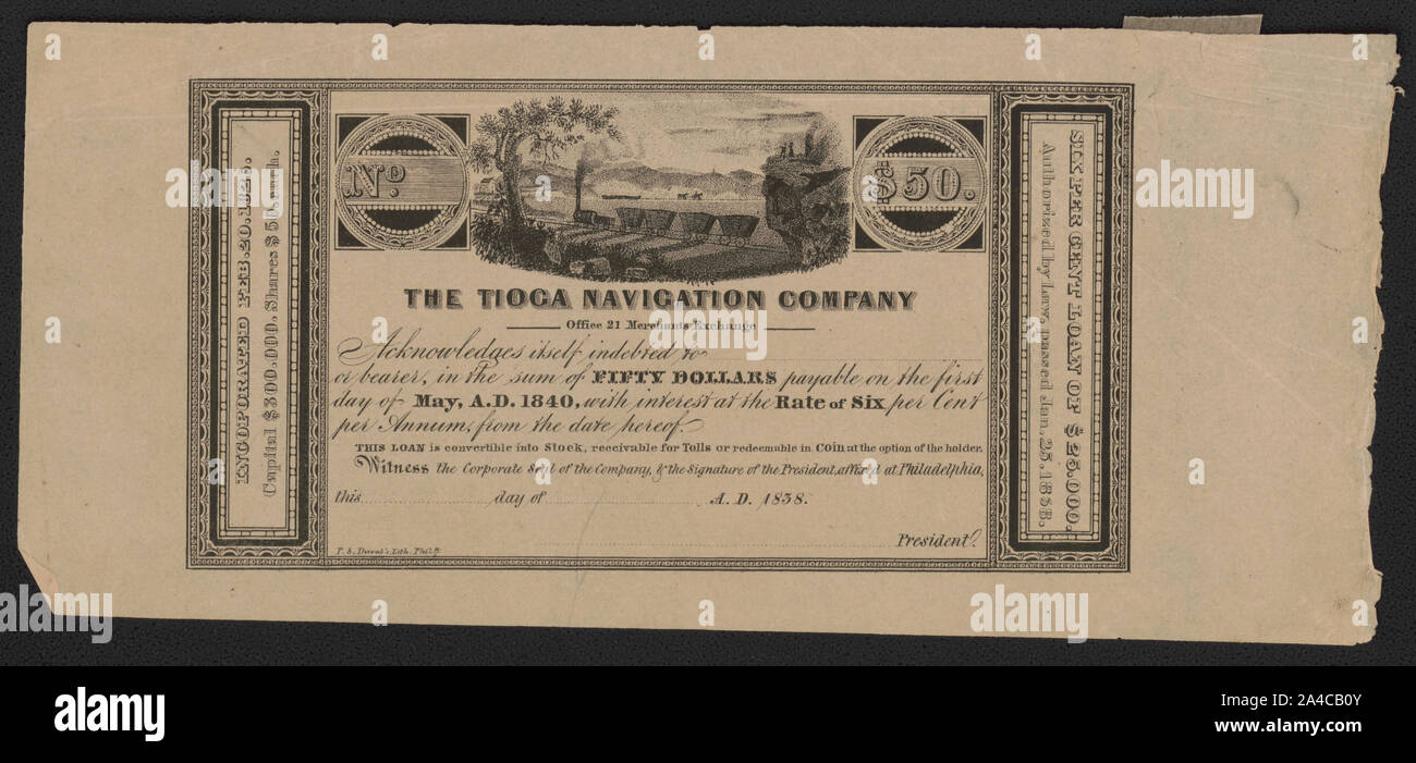 Die Tioga Navigation Unternehmen - Office 21 Merchants Exchange - quittiert selbst verschuldeten für [Leer] oder Träger, in die Summe von fünfzig US-Dollar fällig am ersten Tag des Monats Mai, A.D. 1840, mit Zinsen in Höhe von sechs Prozent pro Jahr, ab dem heutigen Datum/P.S.: Duval, Lith. Phila. Stockfoto