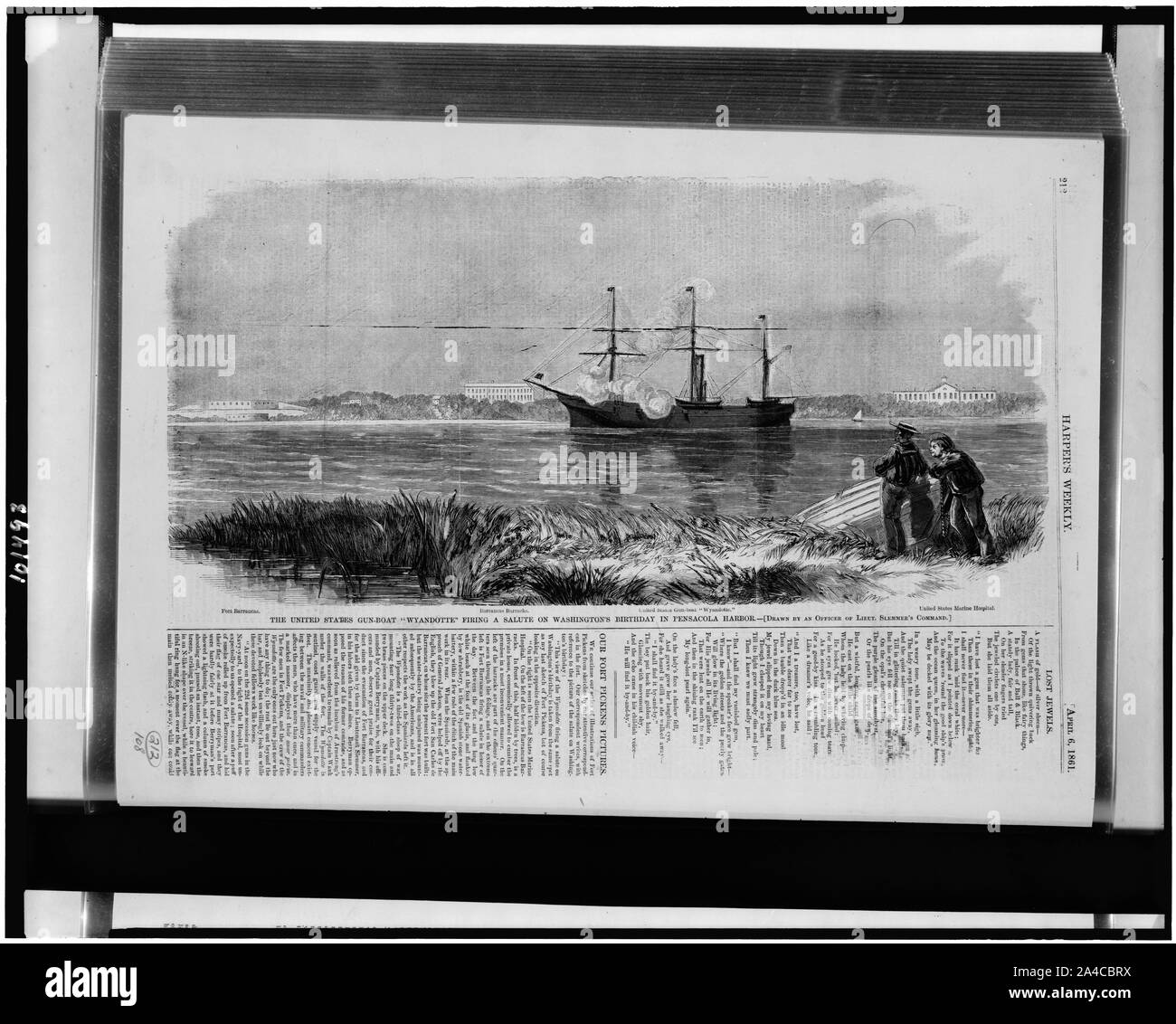 Die Vereinigten Staaten gun-boot Wyandotte feuern ein Gruß auf Washingtons Geburtstag in Pensacola Hafen/gezeichnet von einem Offizier von lieut. Slemmer der Befehl. Stockfoto