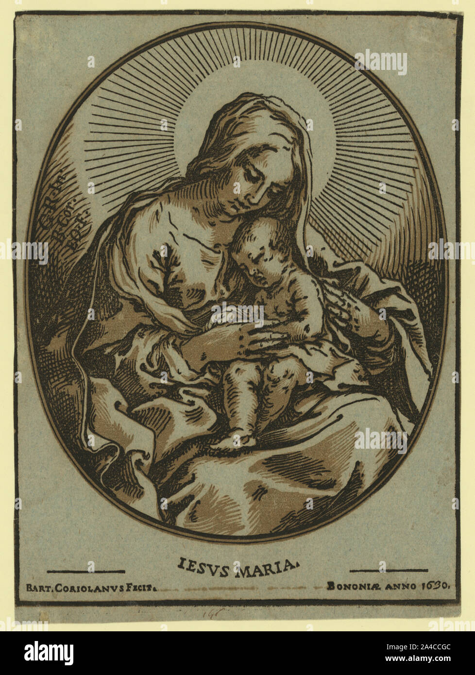 Die Jungfrau und Kind/Bart. Coriolanus Fecit. Bononiae anno 1630. Stockfoto