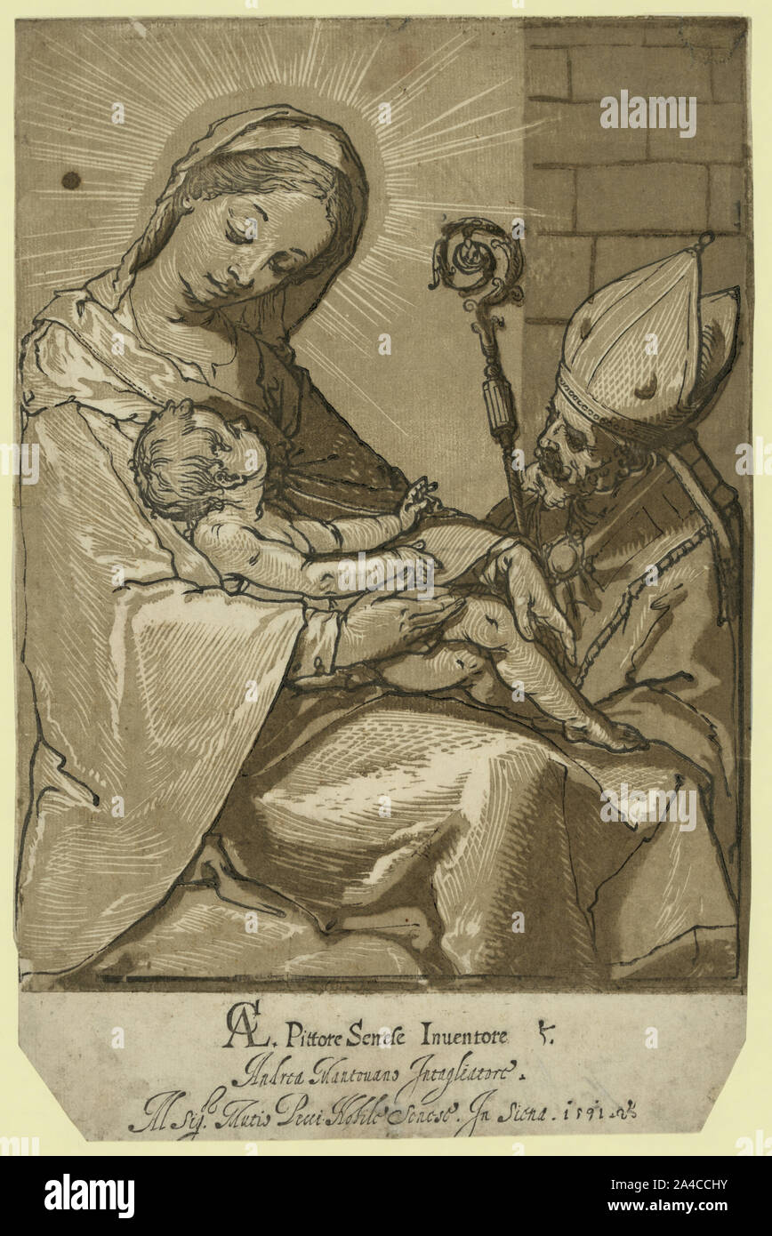 Die Jungfrau, Kind, und Bischof/AC [Monogramm von Alessandro Casolani] Stockfoto