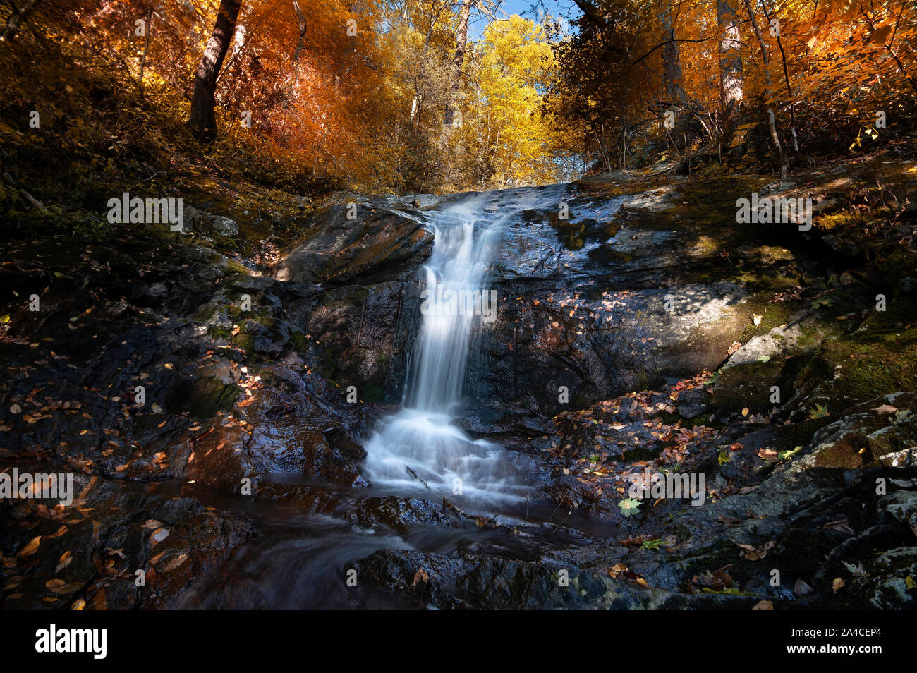 Weitwinkel Herbst Landschaft Langzeitbelichtung Wasser fallen in Blue Ridge Parkway bei Sonnenuntergang Stockfoto