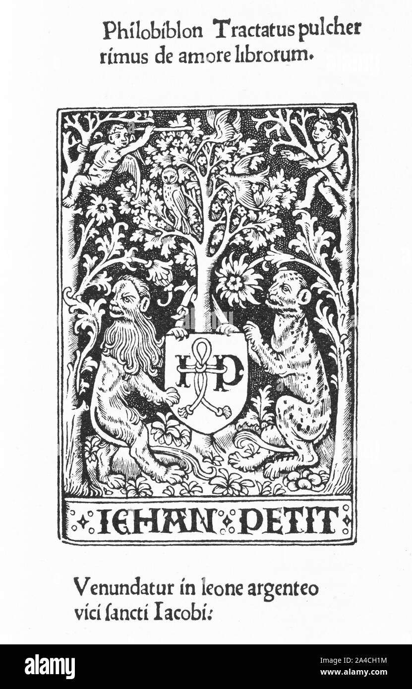 Holzschnitt auf dem Titelblatt des philobiblon von der mittelalterlichen Philosophie / Richard de Bury, in der 1550-Ausgabe in Paris gedruckt. Die philobiblon ist eine Sammlung von Essays über den Erwerb, Erhaltung, und die Organisation der Bücher, zuerst veröffentlicht 1345. Stockfoto