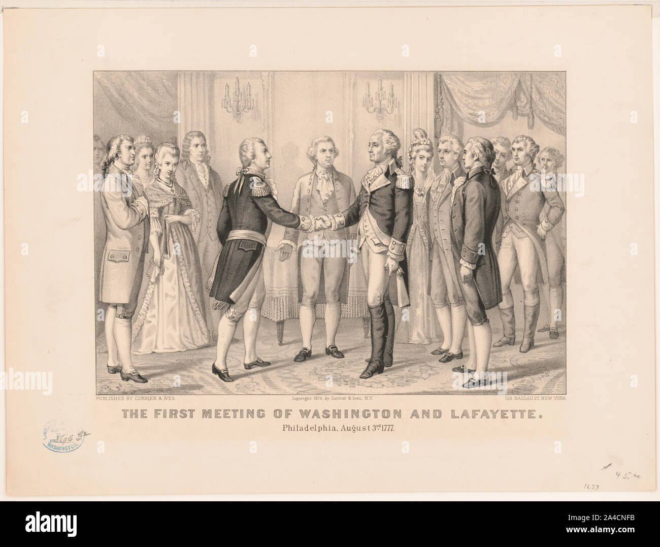 Die erste Sitzung der Washington und Lafayette: Philadelphia, 3. August 1777 Stockfoto